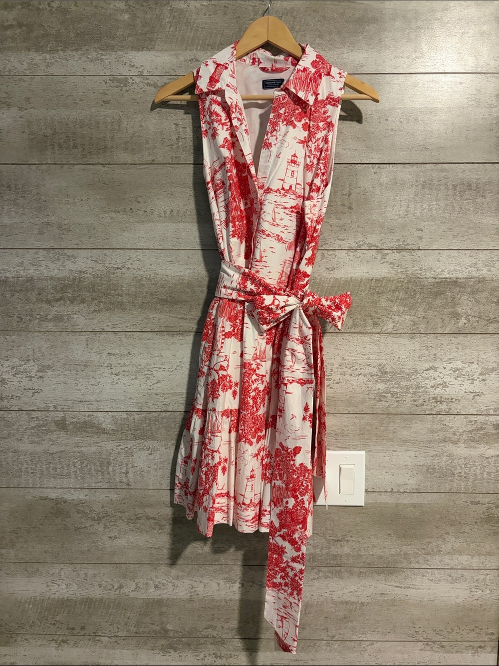 NEW! Vineyard Vines Red and White Toile Collared Tiered Wrap Midi Dress